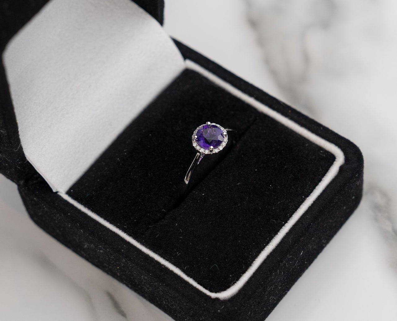 Amethyst with Natural Diamond Halo in 18K White Gold - Rings - Amethyst with Natural Diamond Halo in 18K White Gold - Omni Jewelcrafters