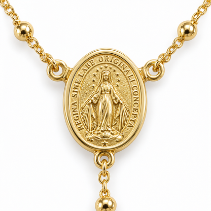 14K Yellow Gold Rosary Necklace with Crucifix and Beaded Chain