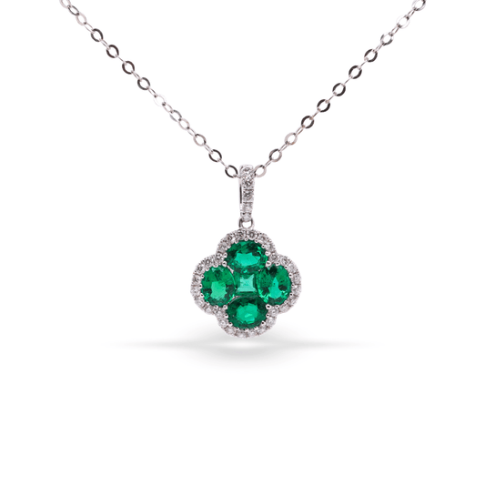 Clover - Shaped White Gold Necklace with Emeralds - Necklaces - Clover - Shaped White Gold Necklace with Emeralds - Omni Jewelcrafters