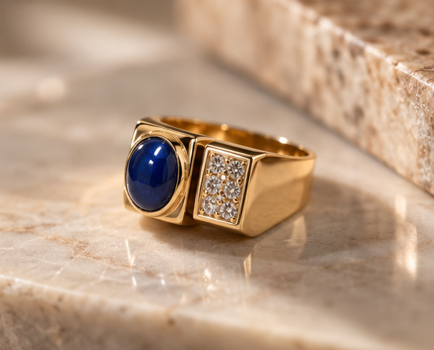 14K Yellow Gold Synthetic Star Sapphire & Diamond Men’s Ring