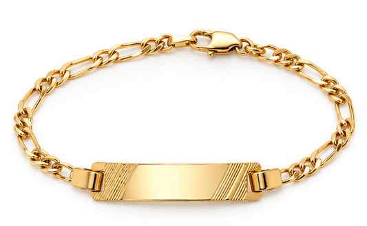 10K Yellow Gold Figaro Link ID Bracelet with Engraved Accents
