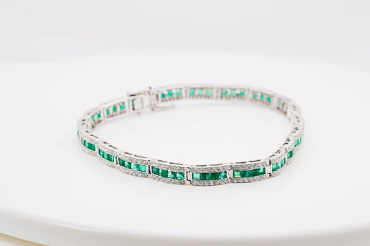 Emerald and Natural Diamond Tennis Bracelet in 18k Solid White Gold - Bracelets - Emerald and Natural Diamond Tennis Bracelet in 18k Solid White Gold - Omni Jewelcrafters