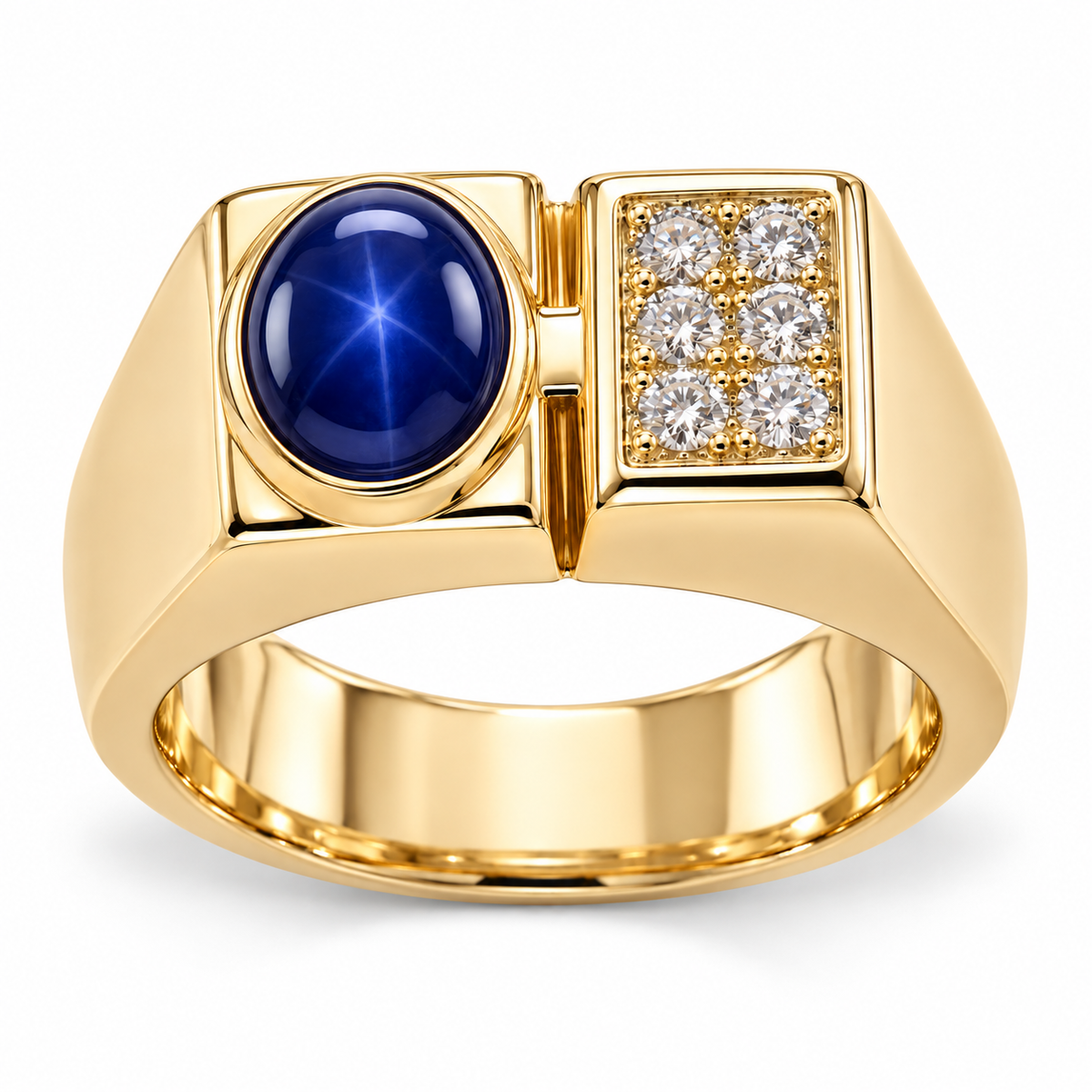 14K Yellow Gold Synthetic Star Sapphire & Diamond Men’s Ring