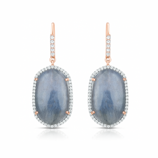 Boucles d'oreilles en argent sterling 925 plaquées or rose 14 carats avec labradorite véritable et topaze blanche de 28,08 carats