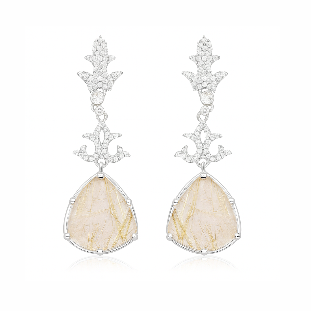 Boucles d'oreilles en argent sterling 925 avec rutile doré véritable et topaze blanche de 15,97 carats