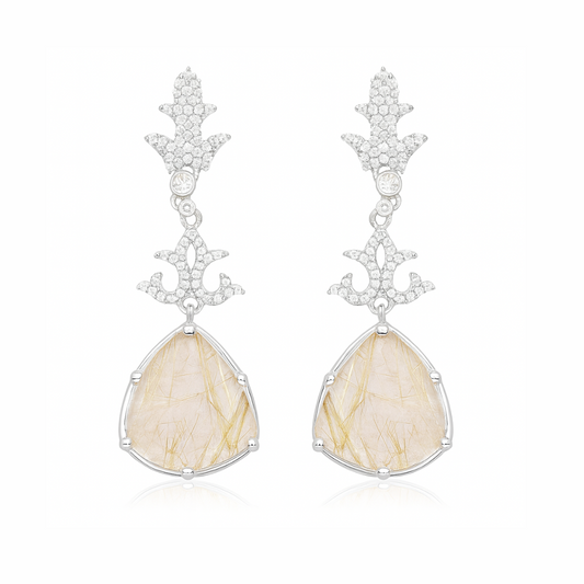 Boucles d'oreilles en argent sterling 925 avec rutile doré véritable et topaze blanche de 15,97 carats