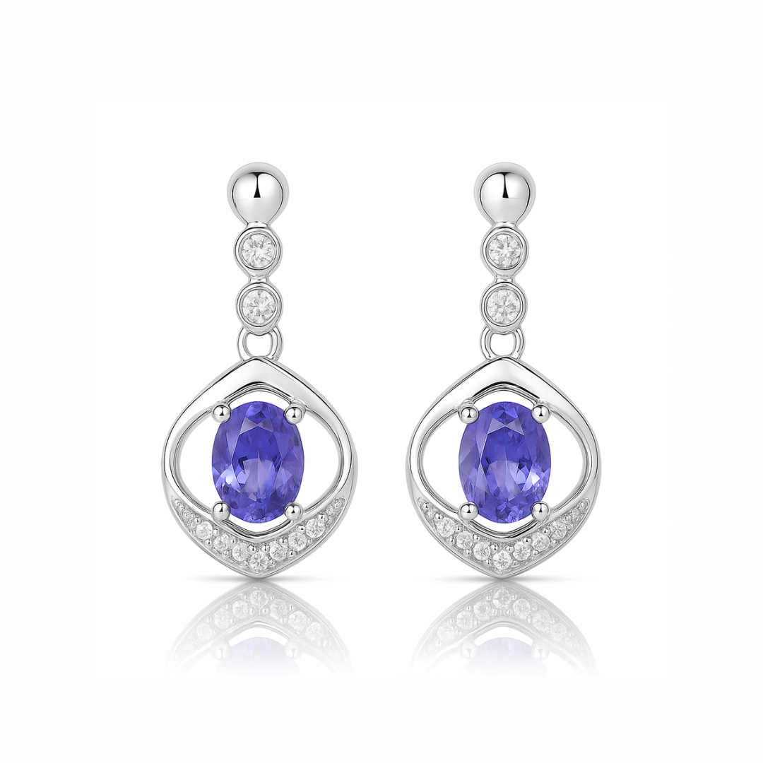 Boucles d'oreilles en or blanc 14 carats avec tanzanite véritable et diamant blanc de 0,76 carat