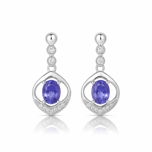 0.76 Carat Genuine Tanzanite and White Diamond 14K White Gold Earrings