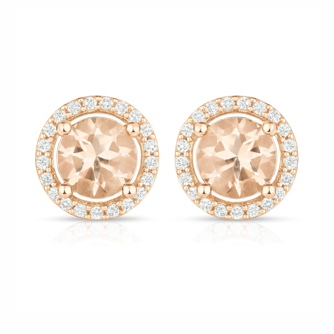 Boucles d'oreilles en or rose 14 carats avec morganite véritable et diamant blanc de 0,93 carat