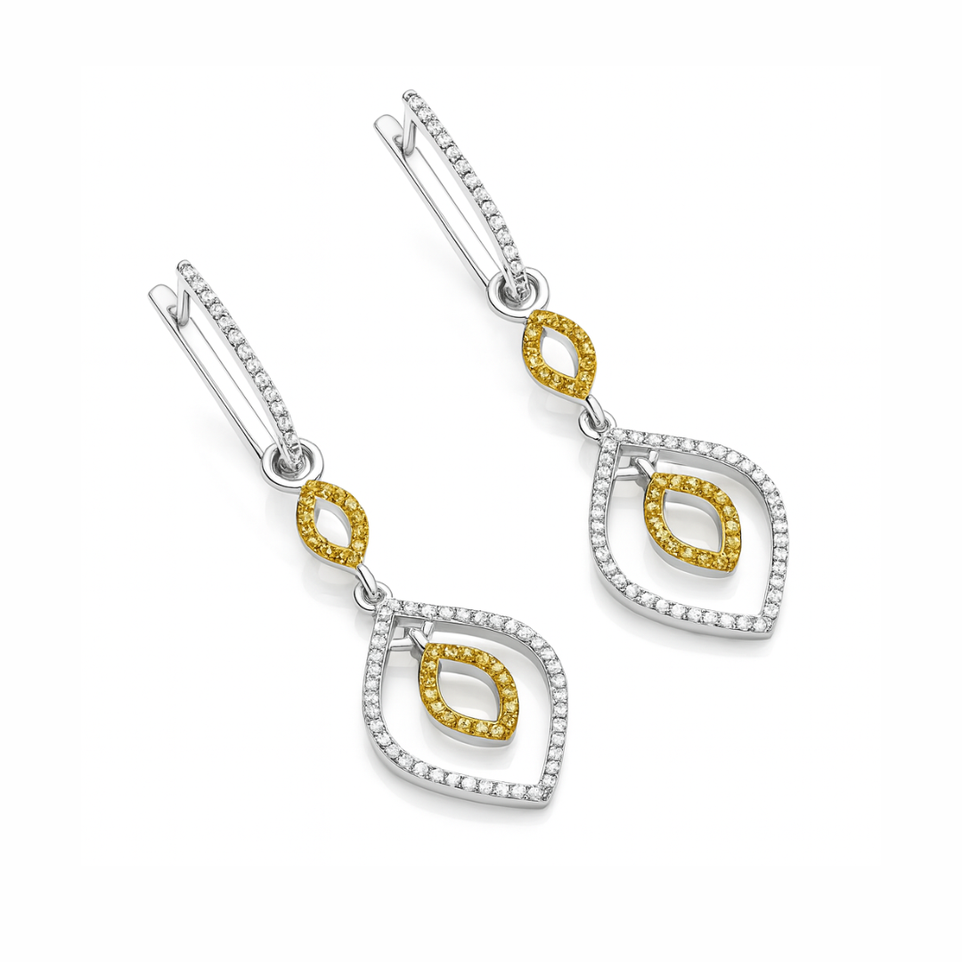 Boucles d'oreilles en argent sterling 925 avec diamants blancs et jaunes authentiques de 1,00 carat 