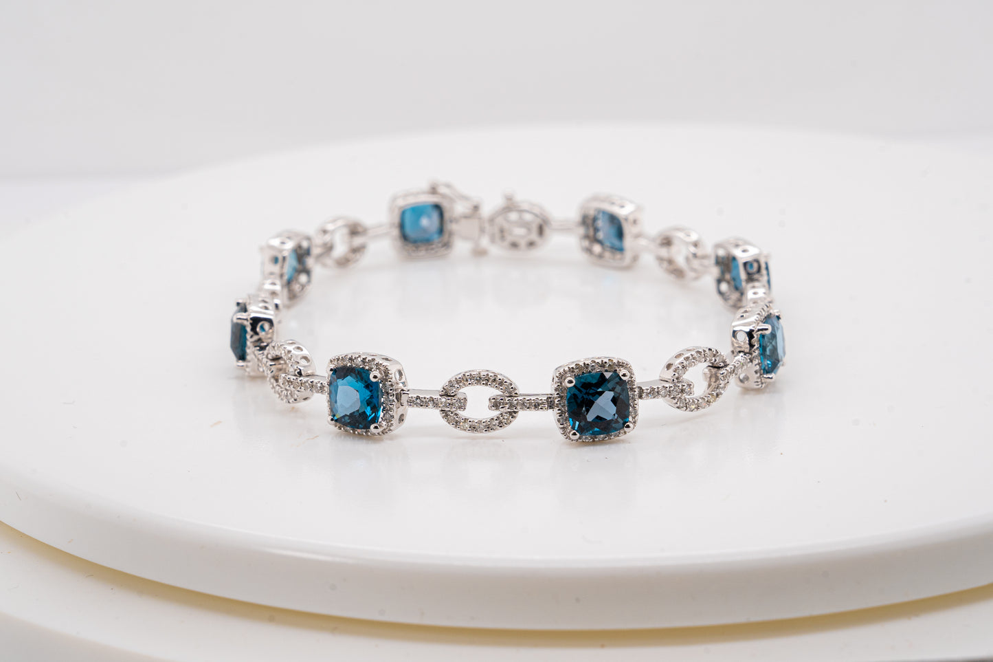 14K White Gold Bracelet with 9.80ct of Blue Topaz & 1.10ct of Natural Diamonds