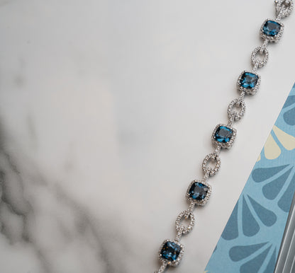 14K White Gold Bracelet with 9.80ct of Blue Topaz & 1.10ct of Natural Diamonds